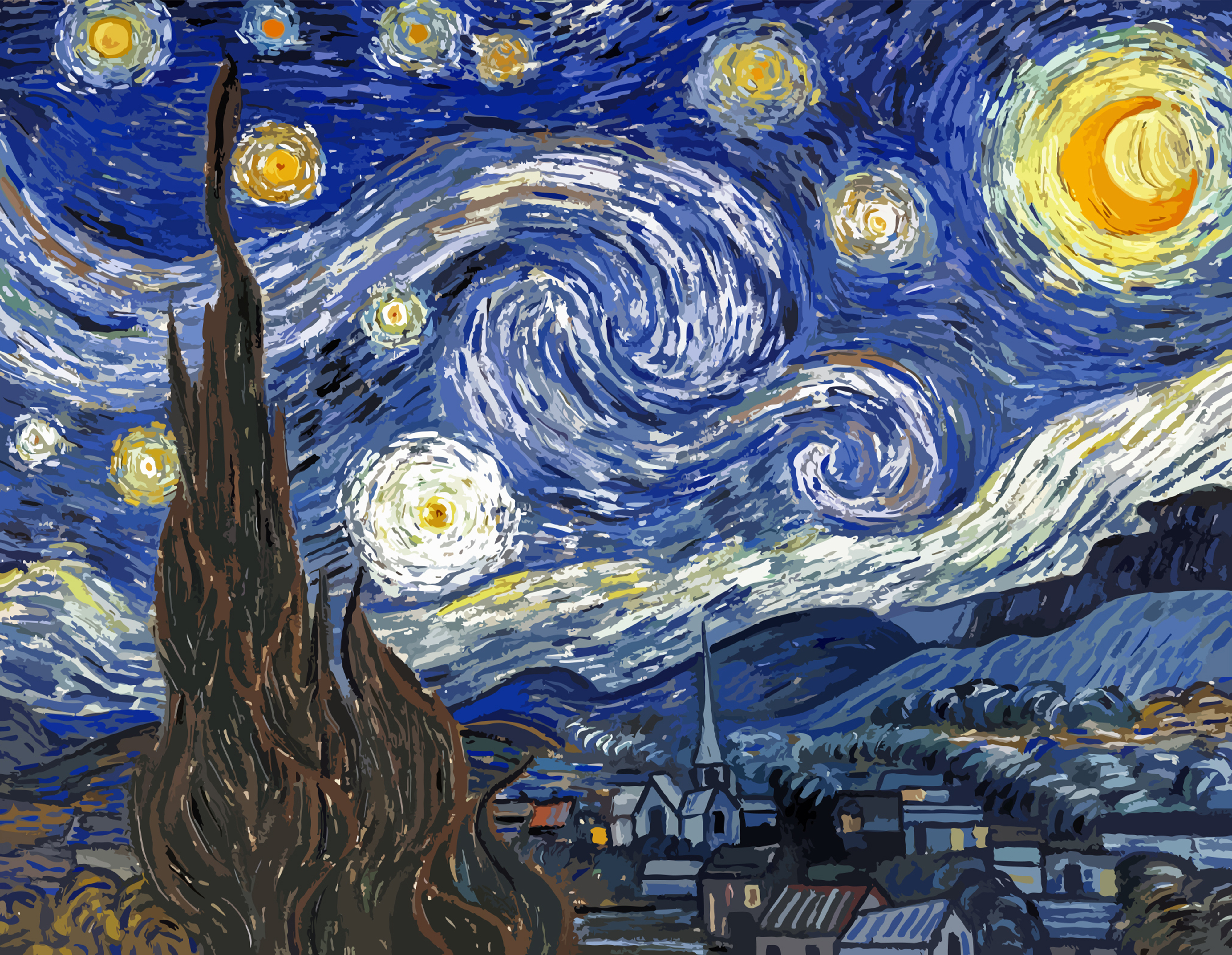 Dipinto che raffigura un cielo notturno in blu scuro e giallo, con stelle luminose e una luna crescente