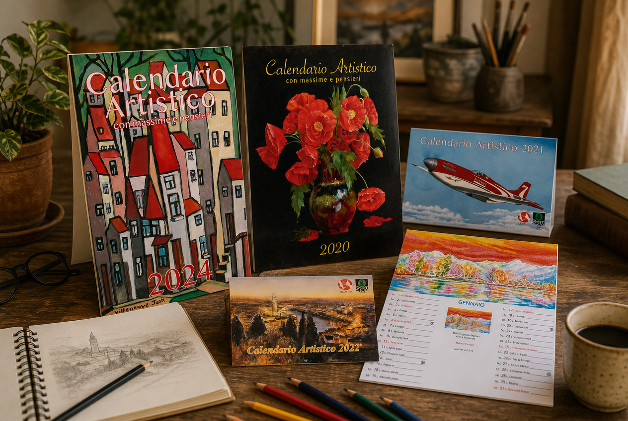 Collezione di calendari artistici illustrati con opere d'arte originali disposti su una scrivania in legno tra matite e taccuini.