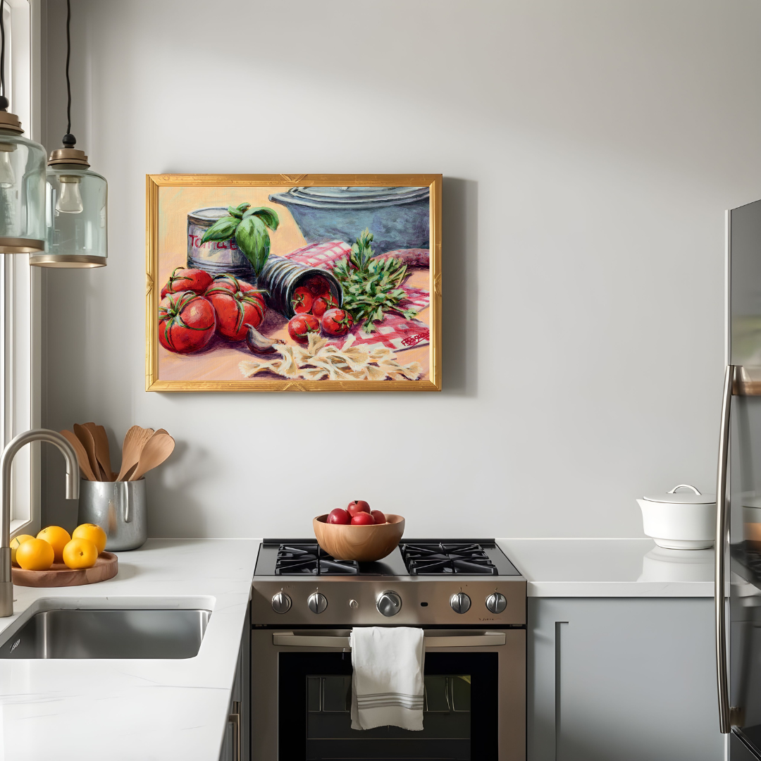 Cucina moderna con piano di lavoro bianco e un quadro artistico raffigurante pomodori, pasta e basilico, ideale per un'atmosfera conviviale e un richiamo alla cucina italiana.