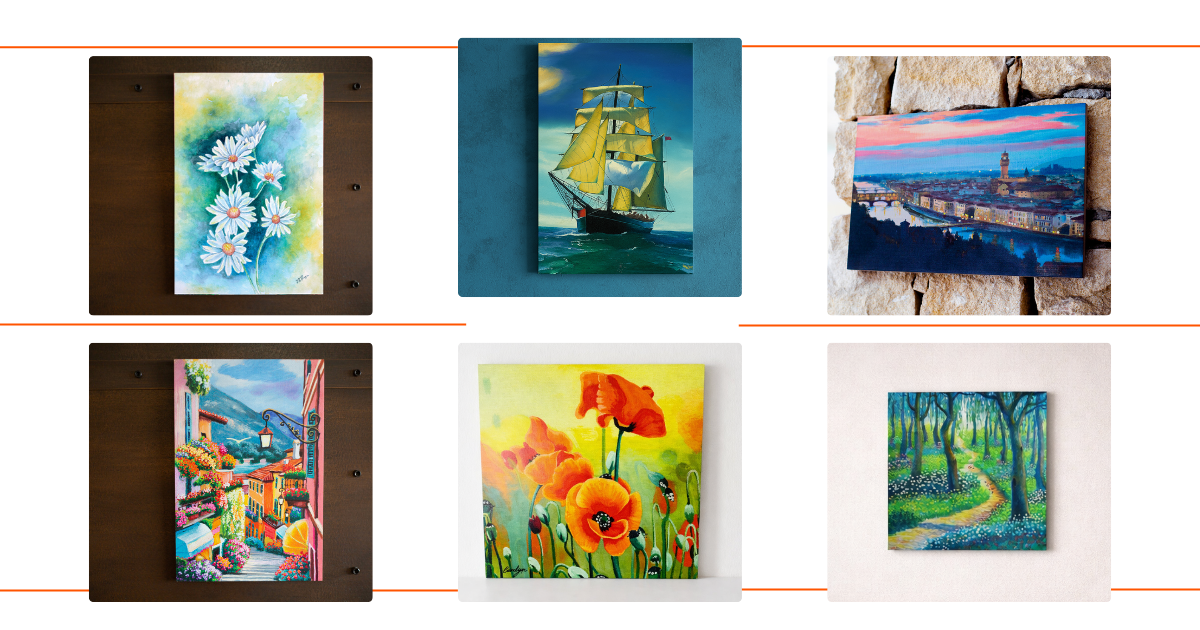 Galleria di dipinti su tela che raffigurano paesaggi, fiori, un veliero e scorci suggestivi realizzati da artisti AbilityArt