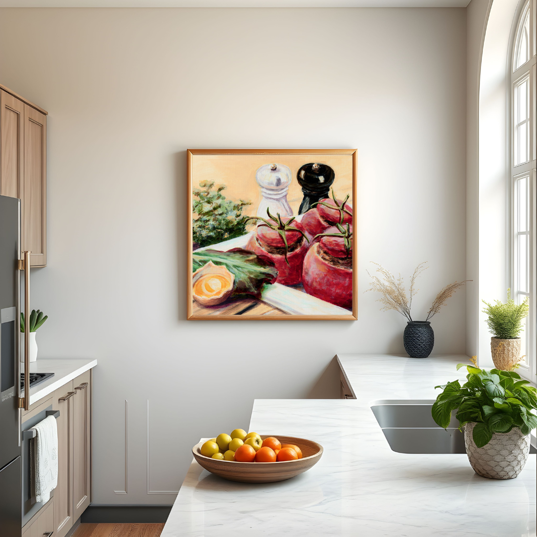 Cucina moderna con piano di lavoro in marmo e un quadro artistico raffigurante macinapepe, piante aromatiche e agrumi, ideale per creare un'atmosfera raffinata e tematica nell'ambiente culinario.