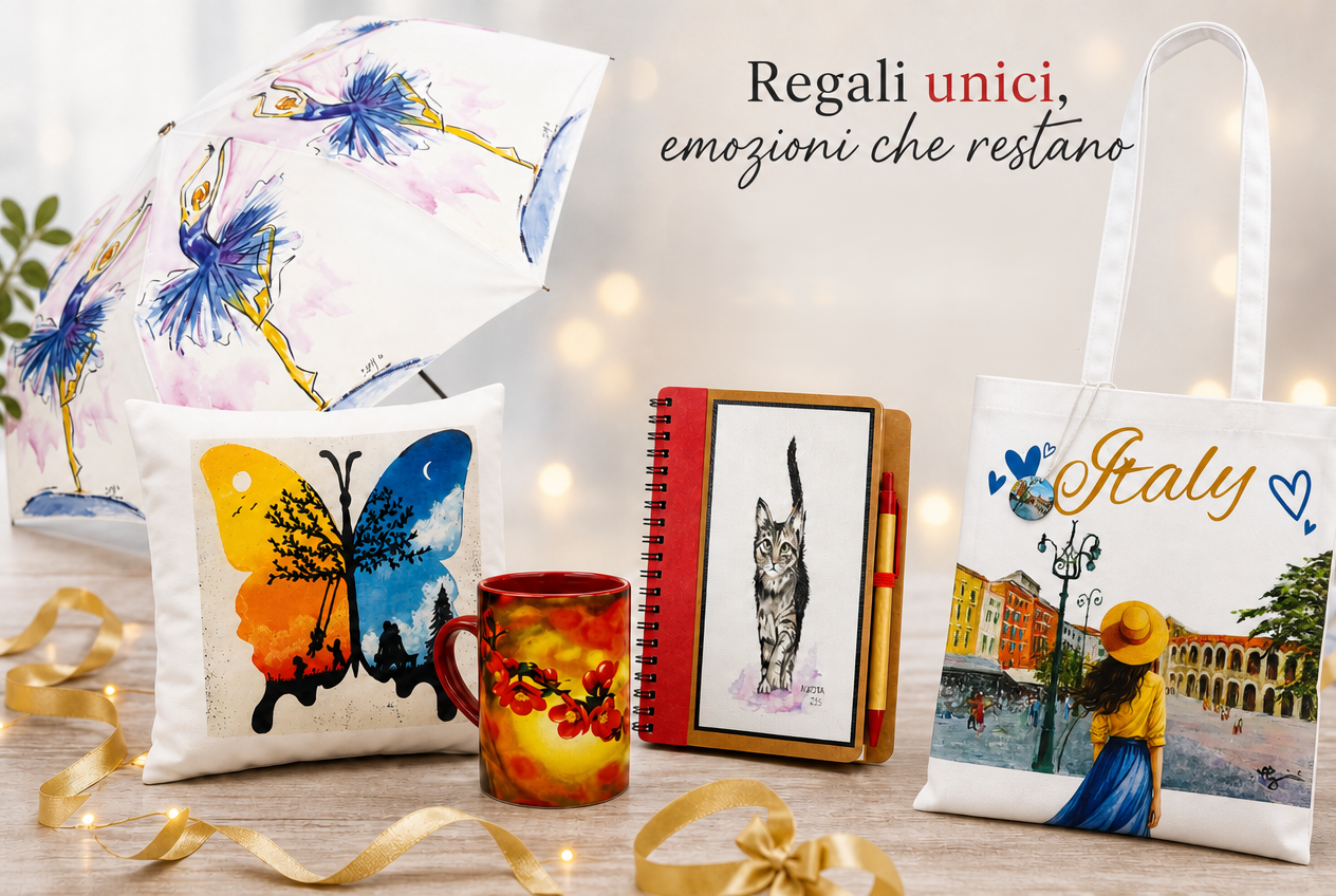 Collezione di regali unici con opere d'arte originali, tra cui un ombrello, un cuscino, una tazza, un taccuino e una borsa in tessuto