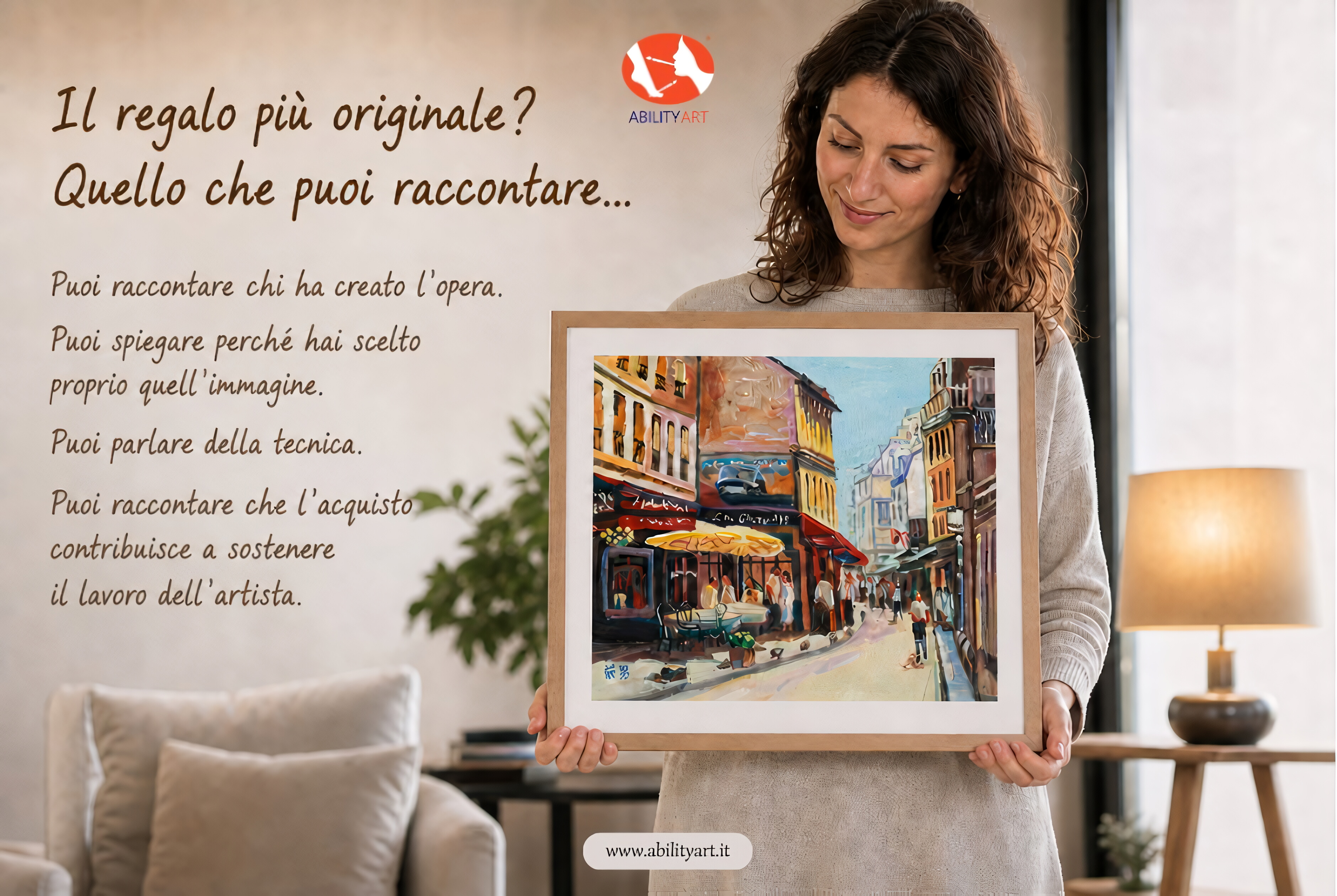 Donna sorridente che mostra un quadro artistico incorniciato, con testo sul valore e la storia dei regali originali AbilityArt.
