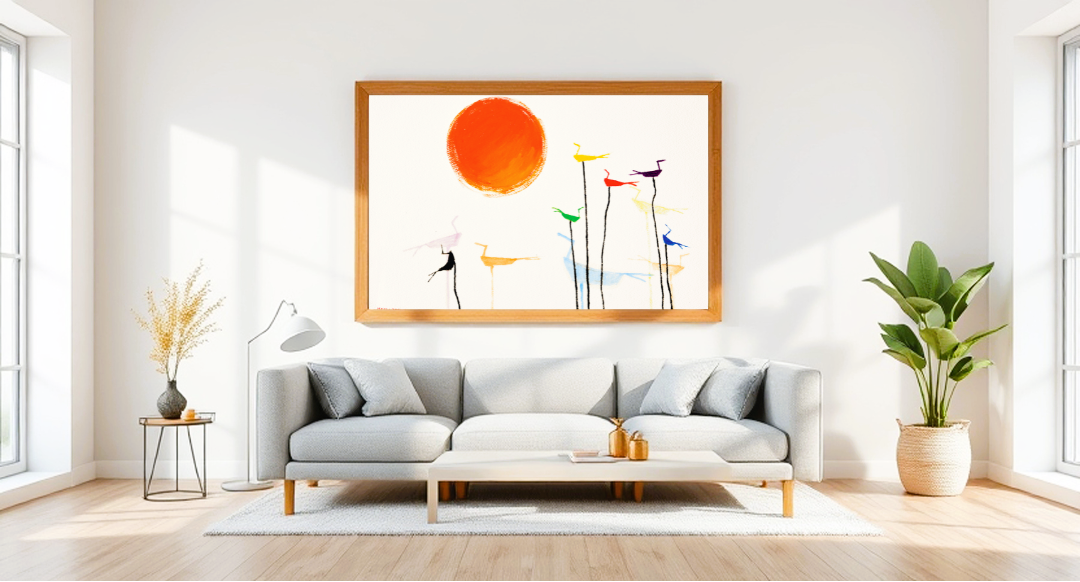 Soggiorno minimalista con divano grigio, pareti bianche, e grande quadro artistico con sole arancione e uccelli stilizzati su sfondo bianco