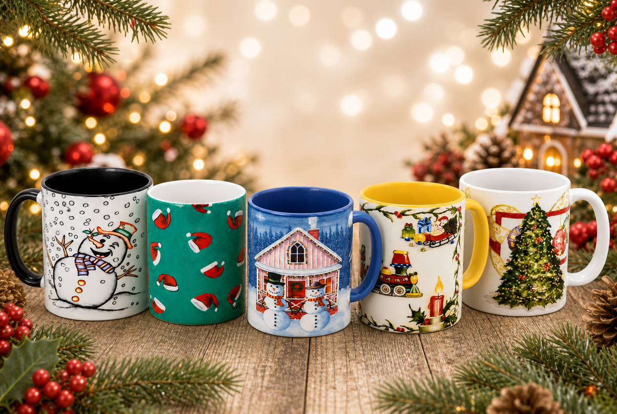 Set di cinque tazze natalizie con decorazioni natalizie su un tavolo in legno con rami di pino e luci soffuse sullo sfondo