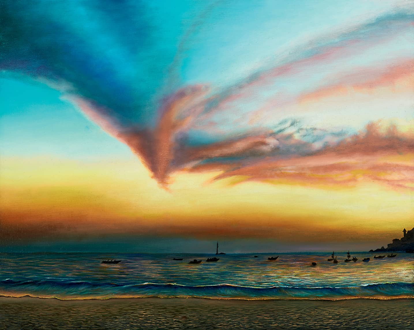 Tramonto su Puerto Escondido con cielo arancione e mare calmo